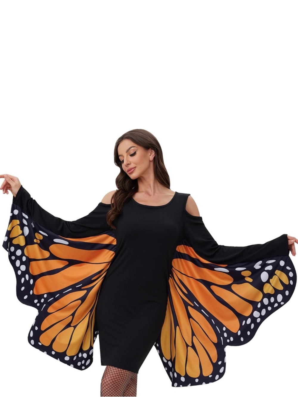 Butterfly Wing Cold-Shoulder Dress in Orange, yellow and Black